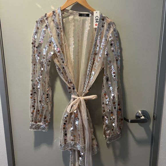 Silver Sequin Sheer Mesh Wrap Dress with Belt - Picture 2 of 5